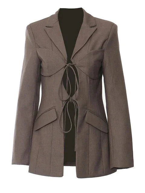 Brown Elegant Hollow Out Blazer Womens