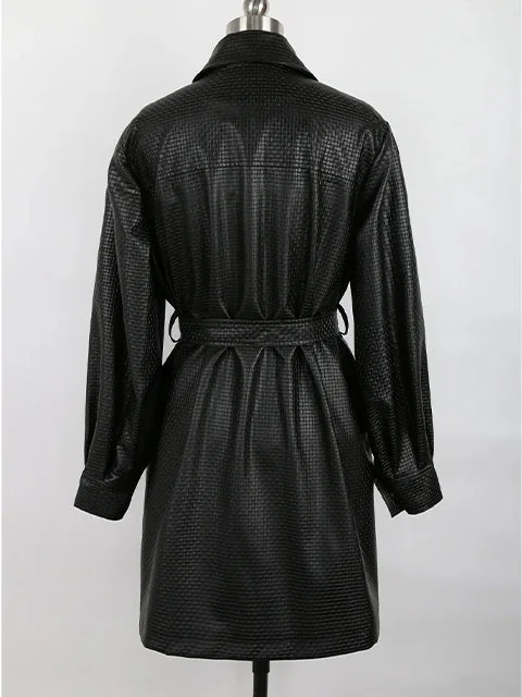 Black Faux Leather Belted Womens Shirt