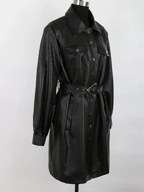 Black Faux Leather Belted Womens Shirt