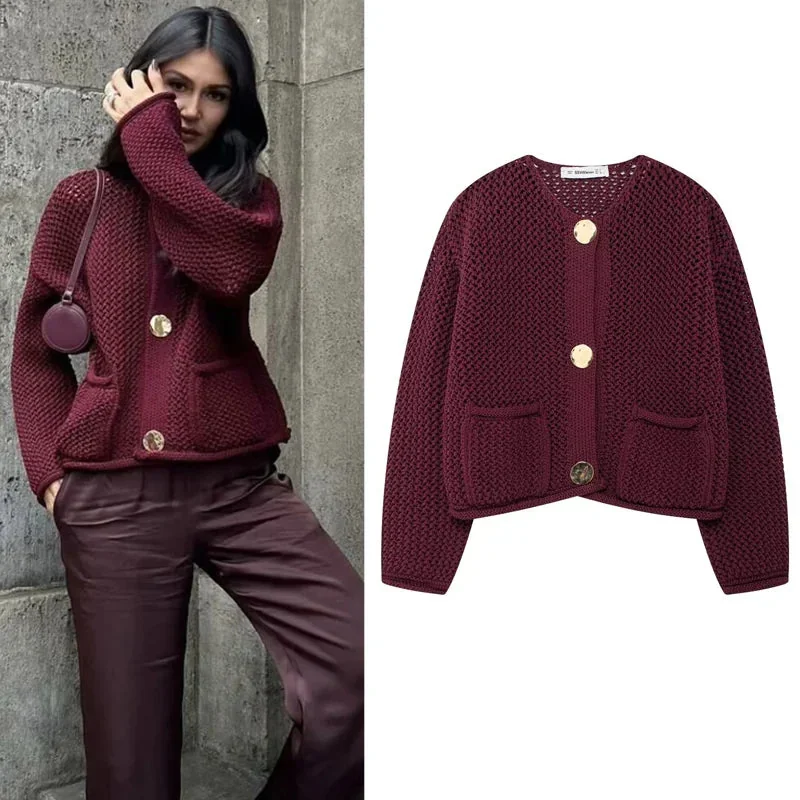 Burgundy Knitted Womens Cardigan | Premium Cotton Blend