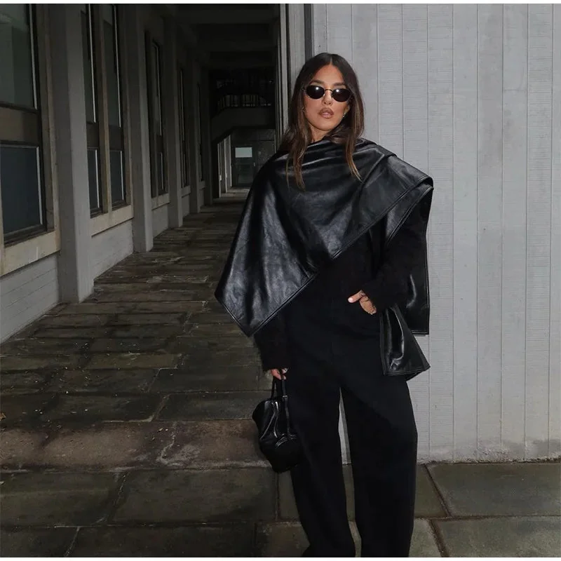 Black Faux Leather Cloak Jacket for Women