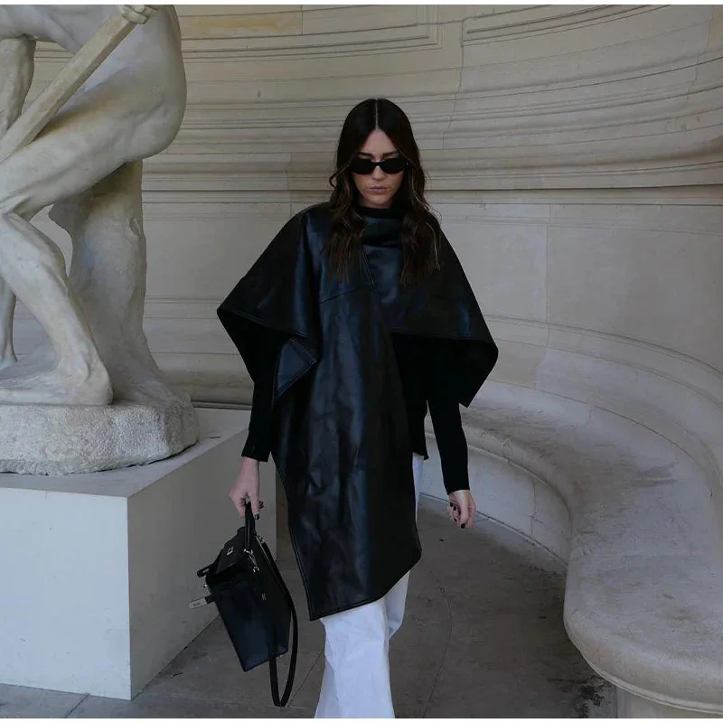 Black Faux Leather Cloak Jacket for Women