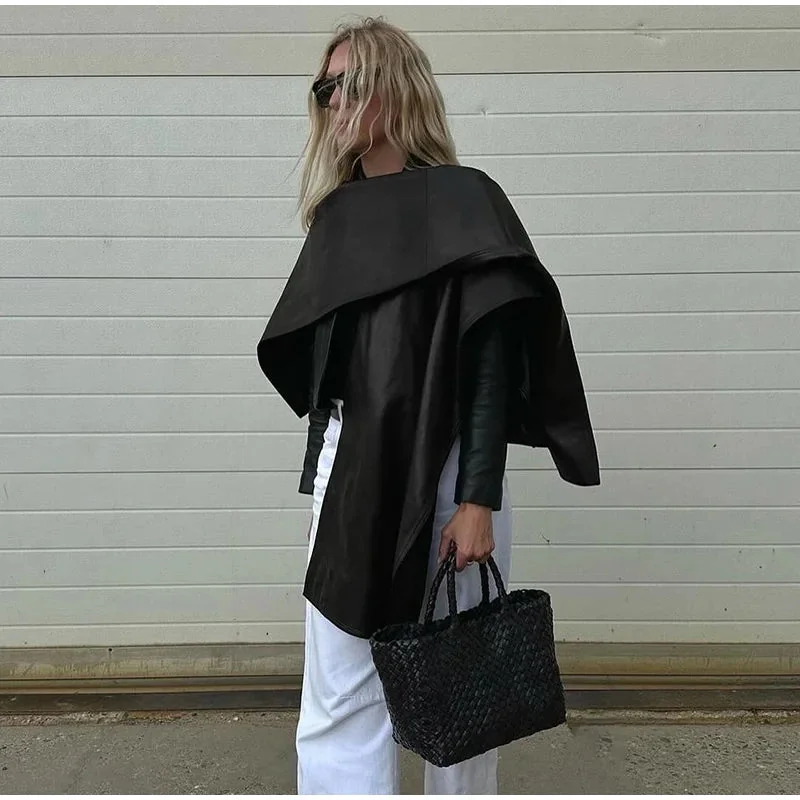 Black Faux Leather Cloak Jacket for Women