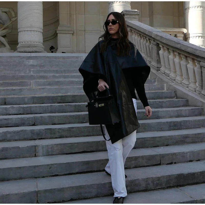Black Faux Leather Cloak Jacket for Women