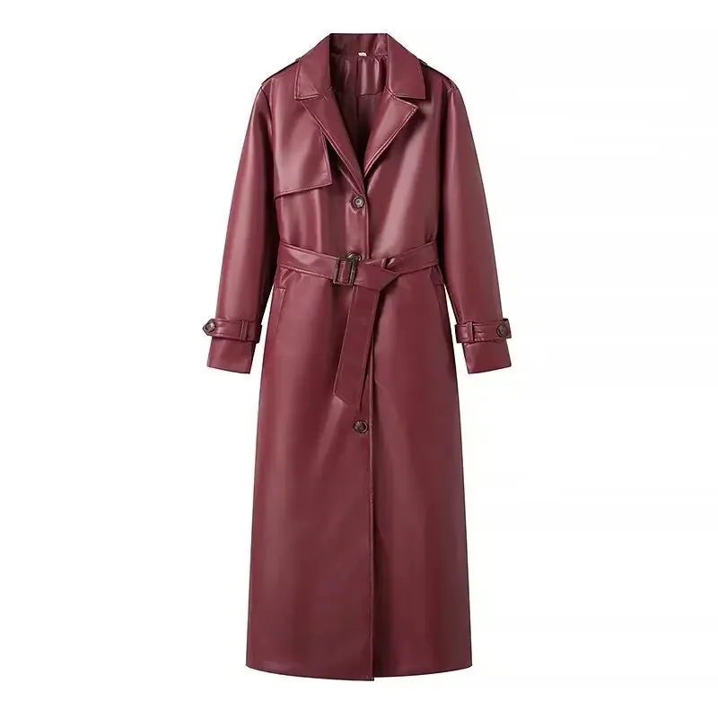 Burgundy Faux Leather Womens Trench Coat