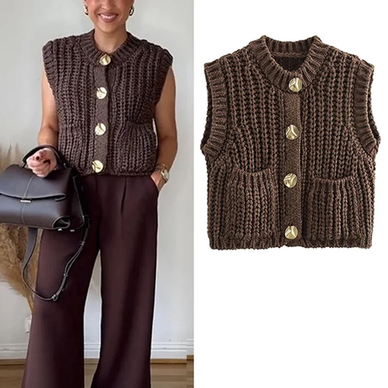 Brown Knitted Vest for Women Premium Cotton Polyester Blend