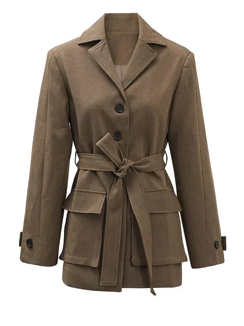 Beige Cotton Blend Belted Jacket for Women