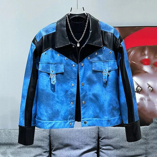 Blue Classic Leather Jacket for Men