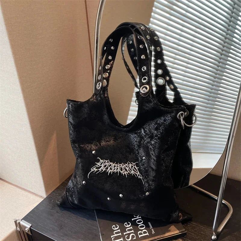 Premium Gothic Black Velvet Womens Bag 28cm