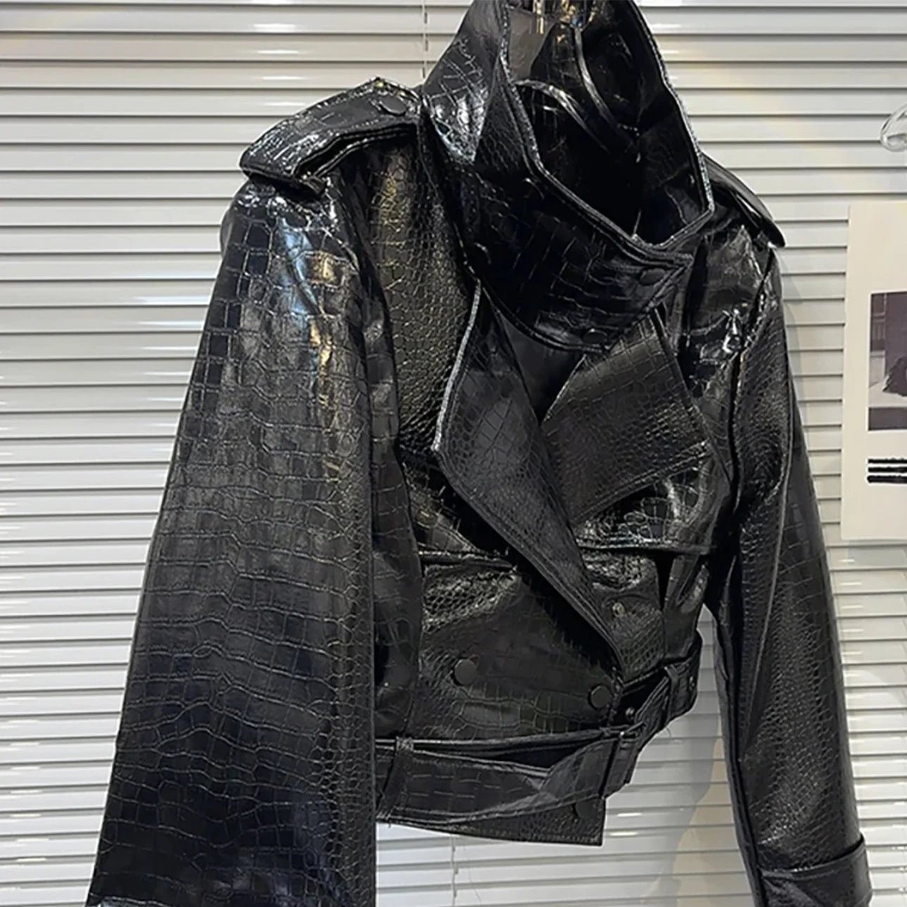 Cropped Faux Leather Jacket in Black