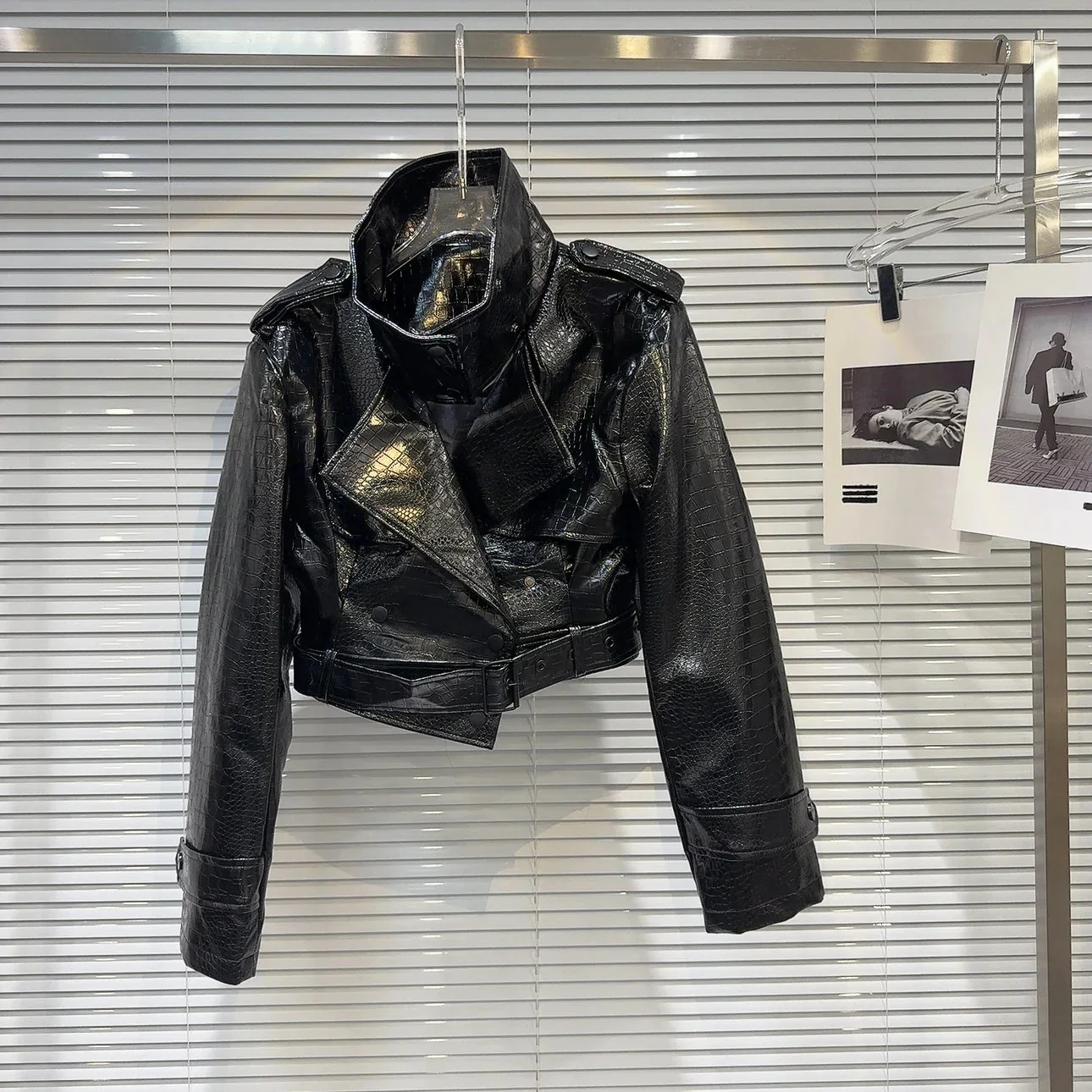 Cropped Faux Leather Jacket in Black