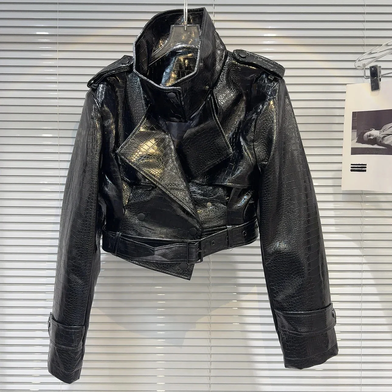 Cropped Faux Leather Jacket in Black