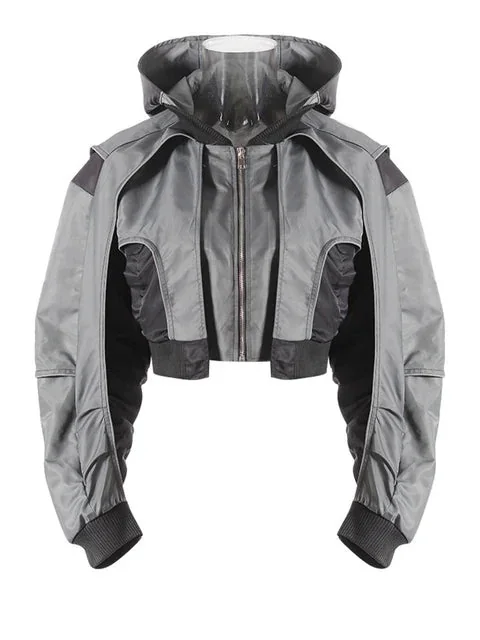 Womens Gray Hooded Bomber Jacket - Premium Cotton & Polyester Blend