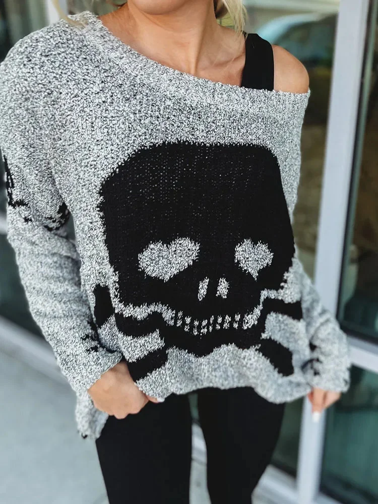 Chic Gray Skull Sweater for Women