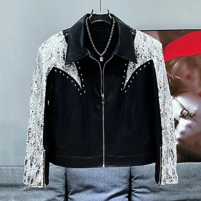 Black Casual Faux Leather & Cotton Blend Jacket for Men