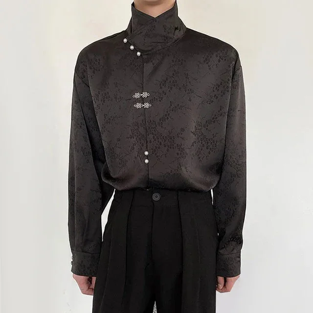 Black Satin Mens Blouse - Premium Polyester Blend