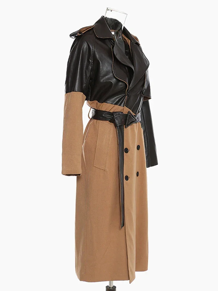 Brown Faux Leather Trench Coat for Women