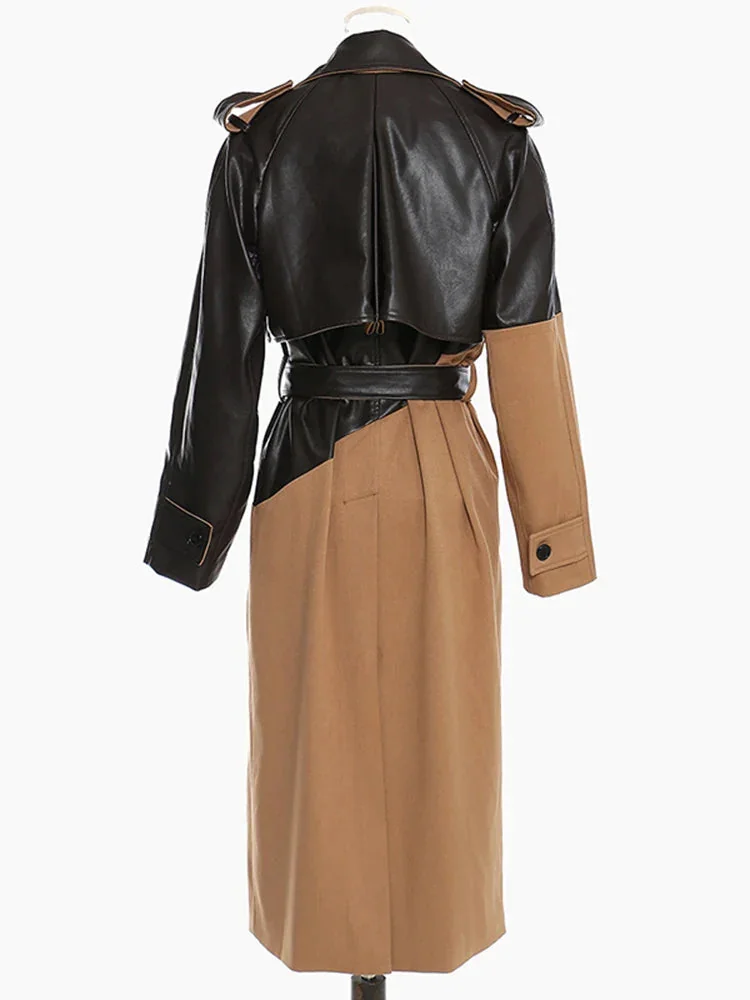 Brown Faux Leather Trench Coat for Women