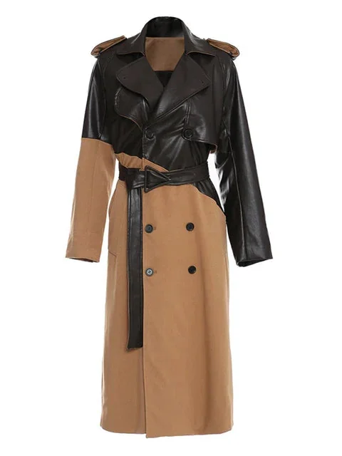 Brown Faux Leather Trench Coat for Women