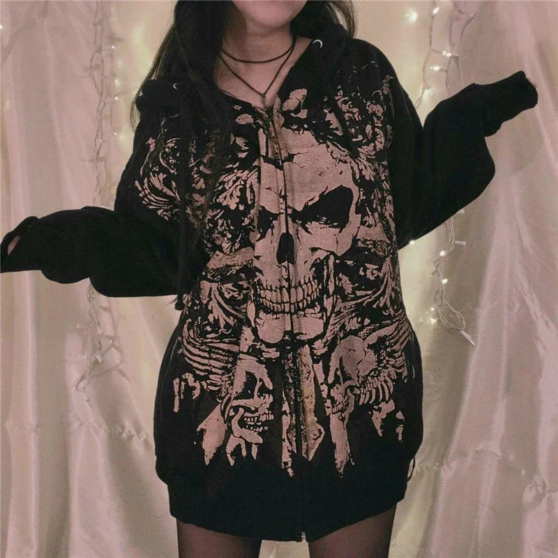 Black Skull Print Hoodie for Women