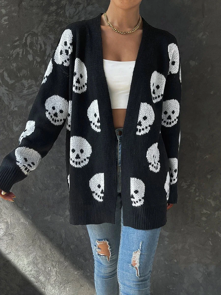 Black Skull Print Cardigan Womens Premium Cotton Polyester Blend