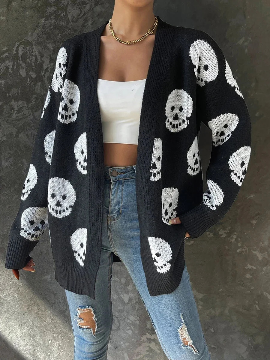 Black Skull Print Cardigan Womens Premium Cotton Polyester Blend