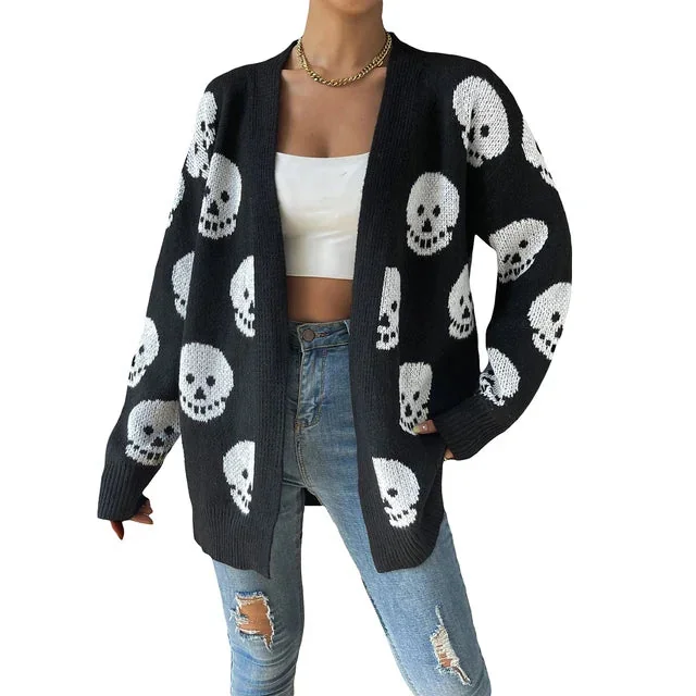 Black Skull Print Cardigan Womens Premium Cotton Polyester Blend