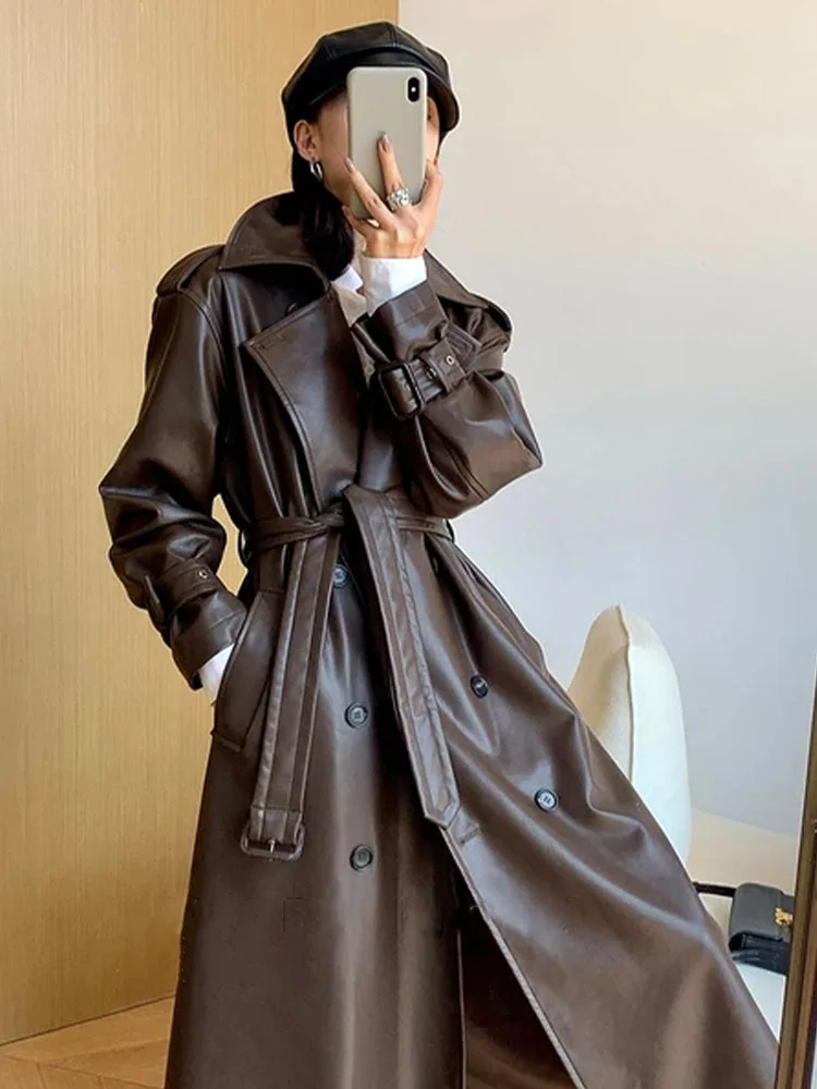 Brown Faux Leather Trench Coat for Women