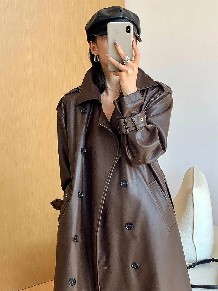 Brown Faux Leather Trench Coat for Women