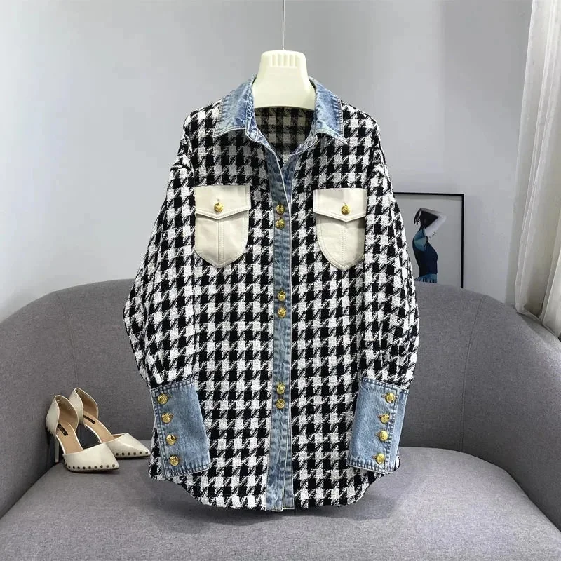 Elegant Black Plaid Denim Jacket for Women
