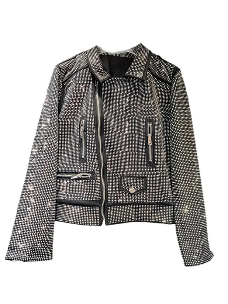 Black Rhinestone Embellished Faux Leather Jacket