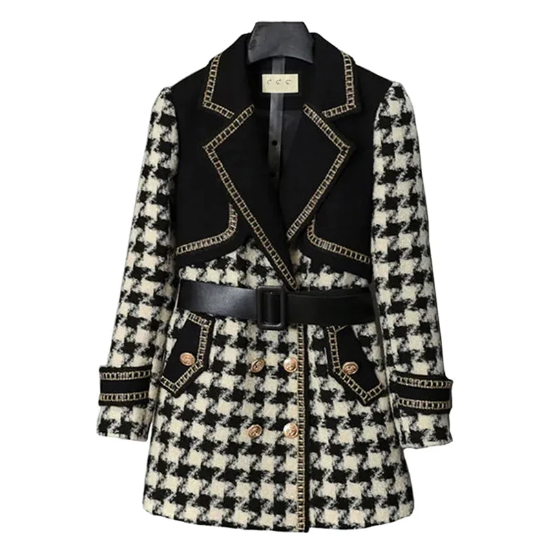 Black Plaid Trench Coat for Women