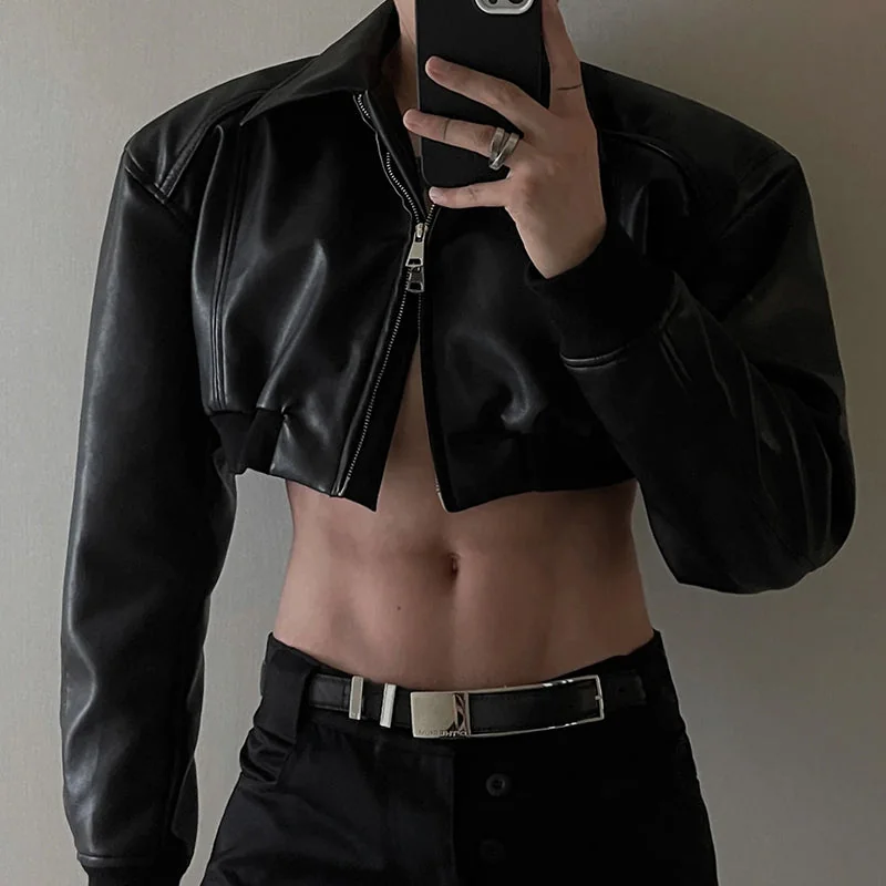 Black Faux Leather Cropped Jacket for Men