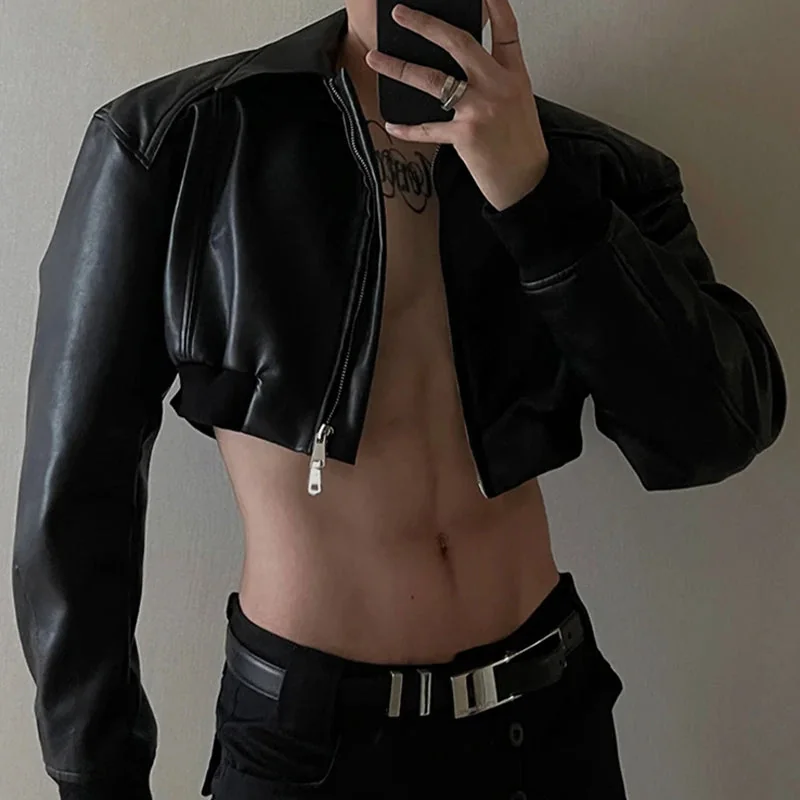 Black Faux Leather Cropped Jacket for Men