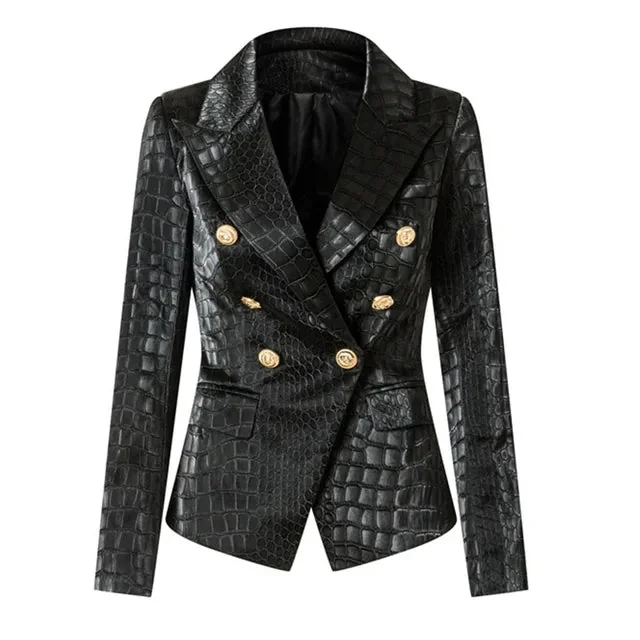 Faux Leather Crocodile Pattern Womens Blazer