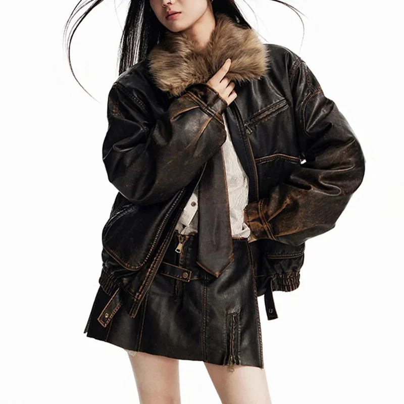 Brown Faux Leather Womens Jacket - Premium Vintage Style