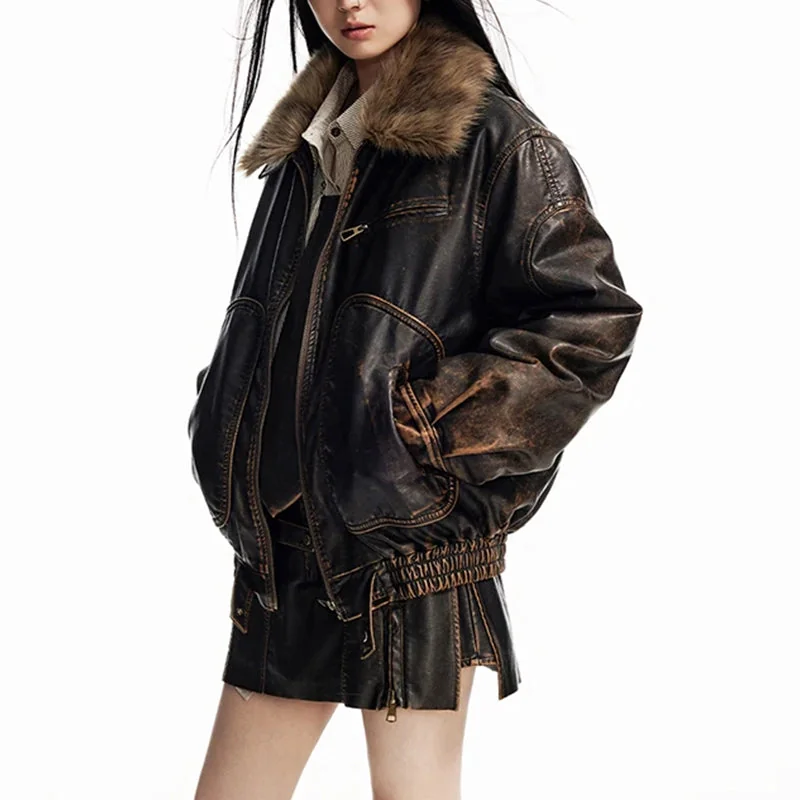 Brown Faux Leather Womens Jacket - Premium Vintage Style