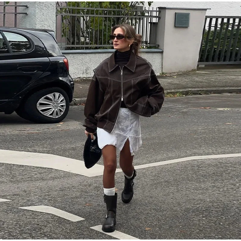 Elegant Brown PU Leather Womens Jacket