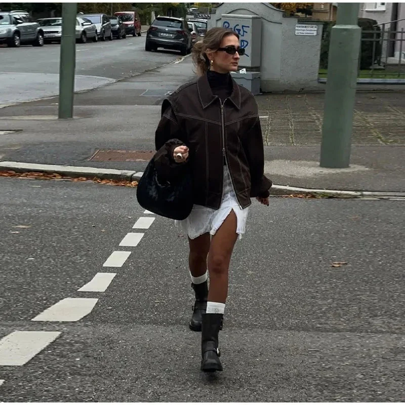 Elegant Brown PU Leather Womens Jacket