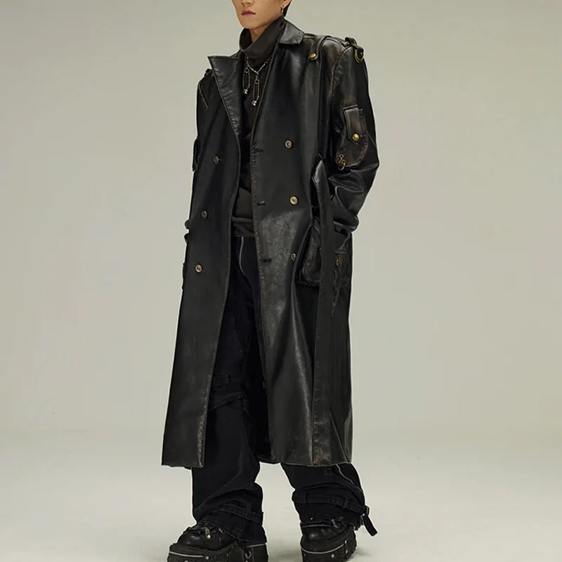 Black Faux Leather Trench Coat Mens Jacket