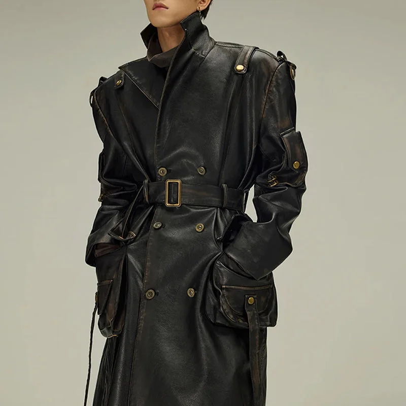 Black Faux Leather Trench Coat Mens Jacket