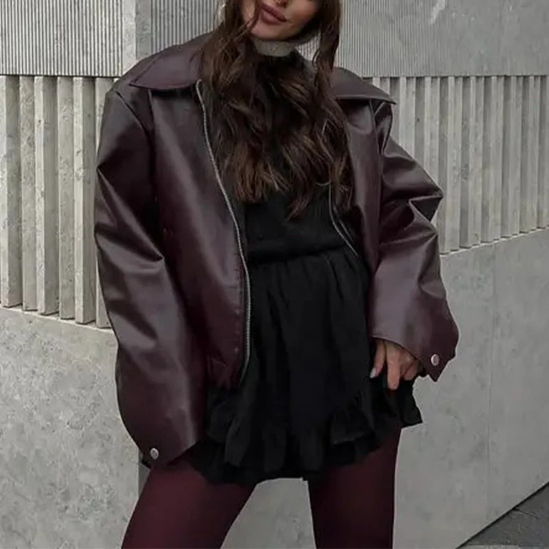 Burgundy Faux Leather & Cotton Blend Womens Jacket