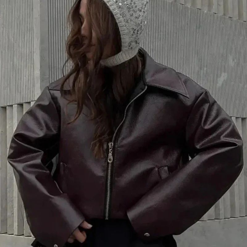 Burgundy Faux Leather & Cotton Blend Womens Jacket