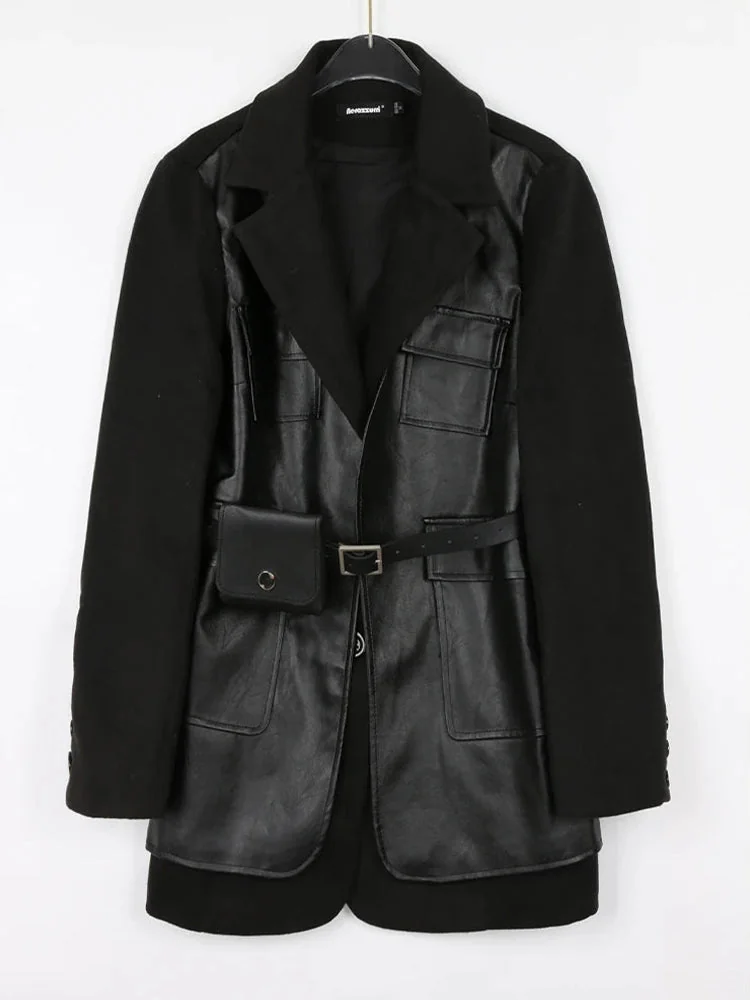 Premium Faux Leather & Wool Blend Womens Black Blazer