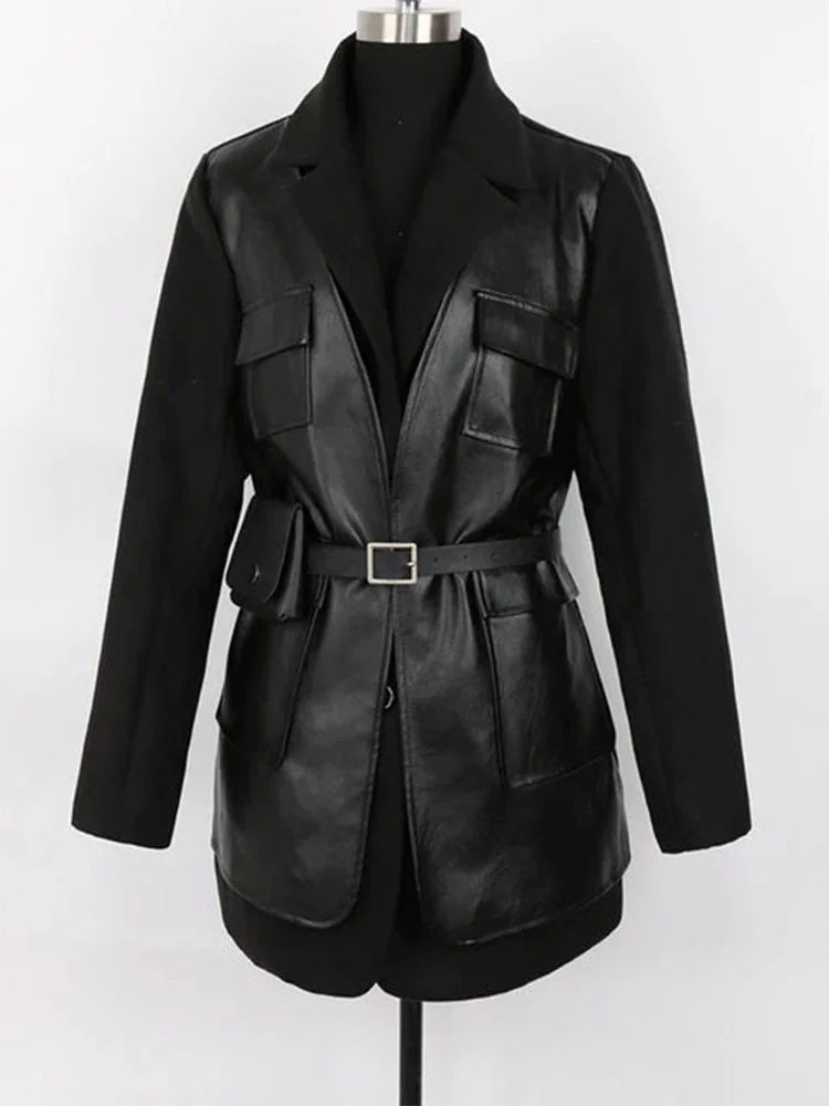 Premium Faux Leather & Wool Blend Womens Black Blazer