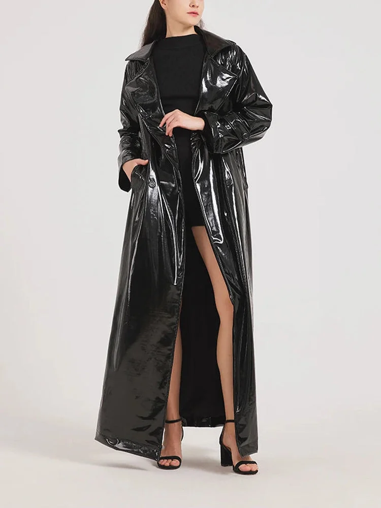 Black Reflective Faux Leather Coat for Women