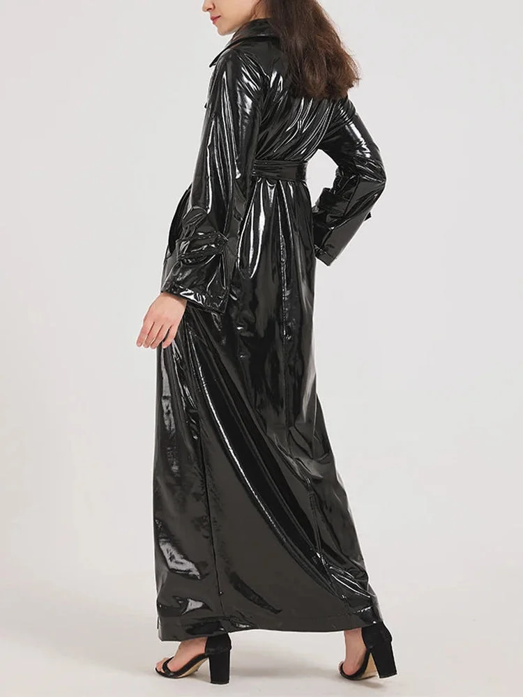 Black Reflective Faux Leather Coat for Women