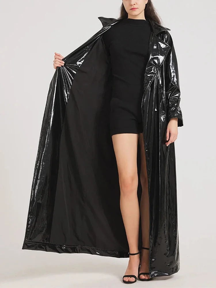 Black Reflective Faux Leather Coat for Women