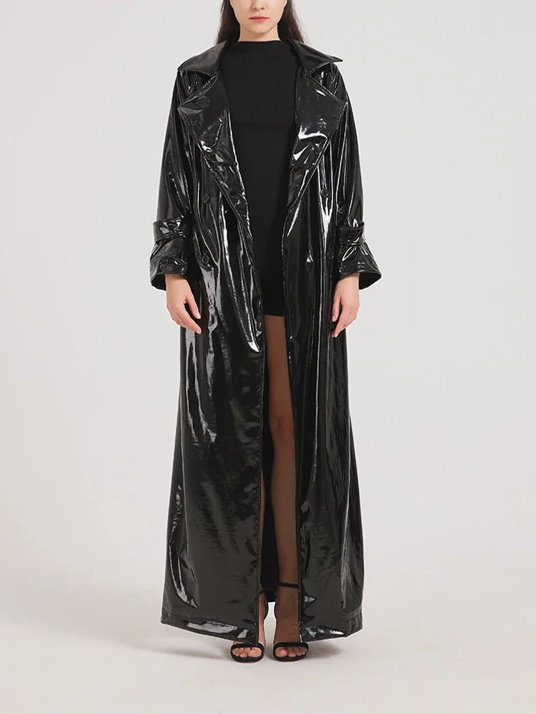 Black Reflective Faux Leather Coat for Women