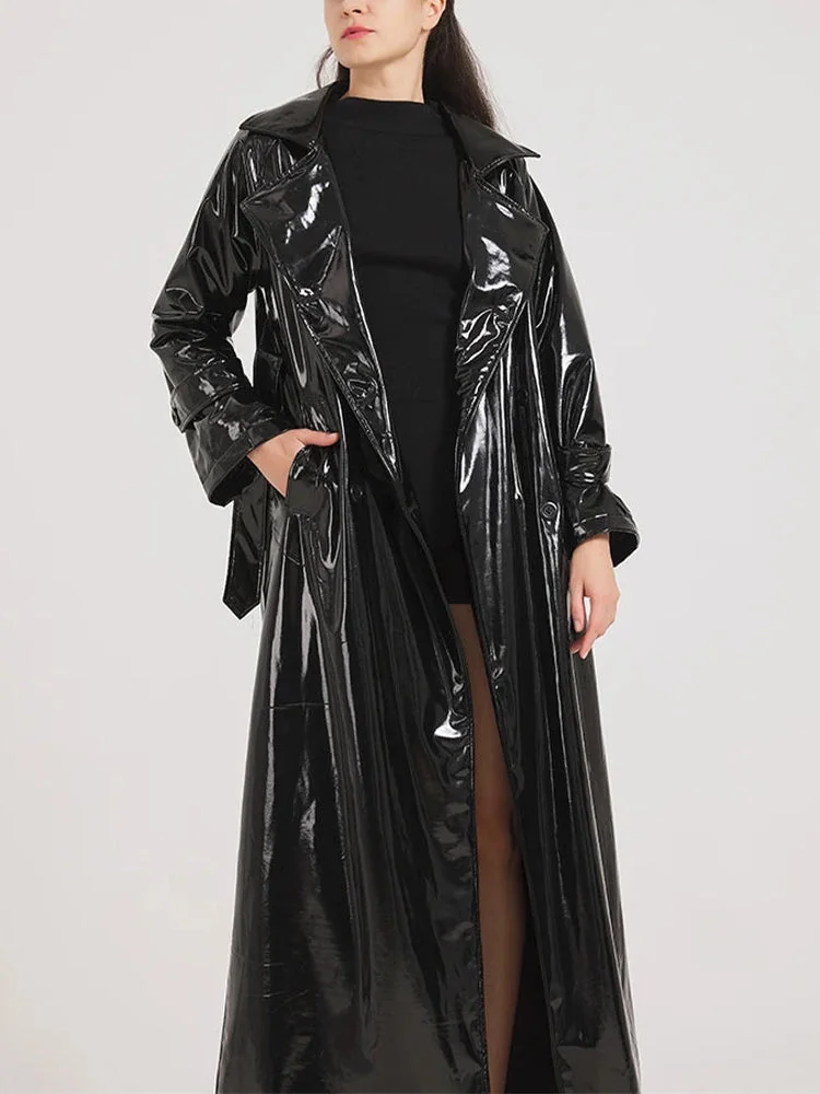 Black Reflective Faux Leather Coat for Women